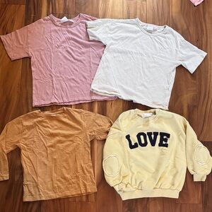 Zara Kids size 6 Pink, cream tees, ochre long sleeve and Yellow Love Sweatshirt